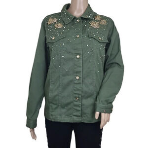 Quacker Factory Embellished Rhinestones Green Jacket Button Up